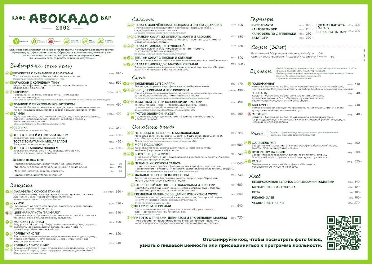 Авокадо меню