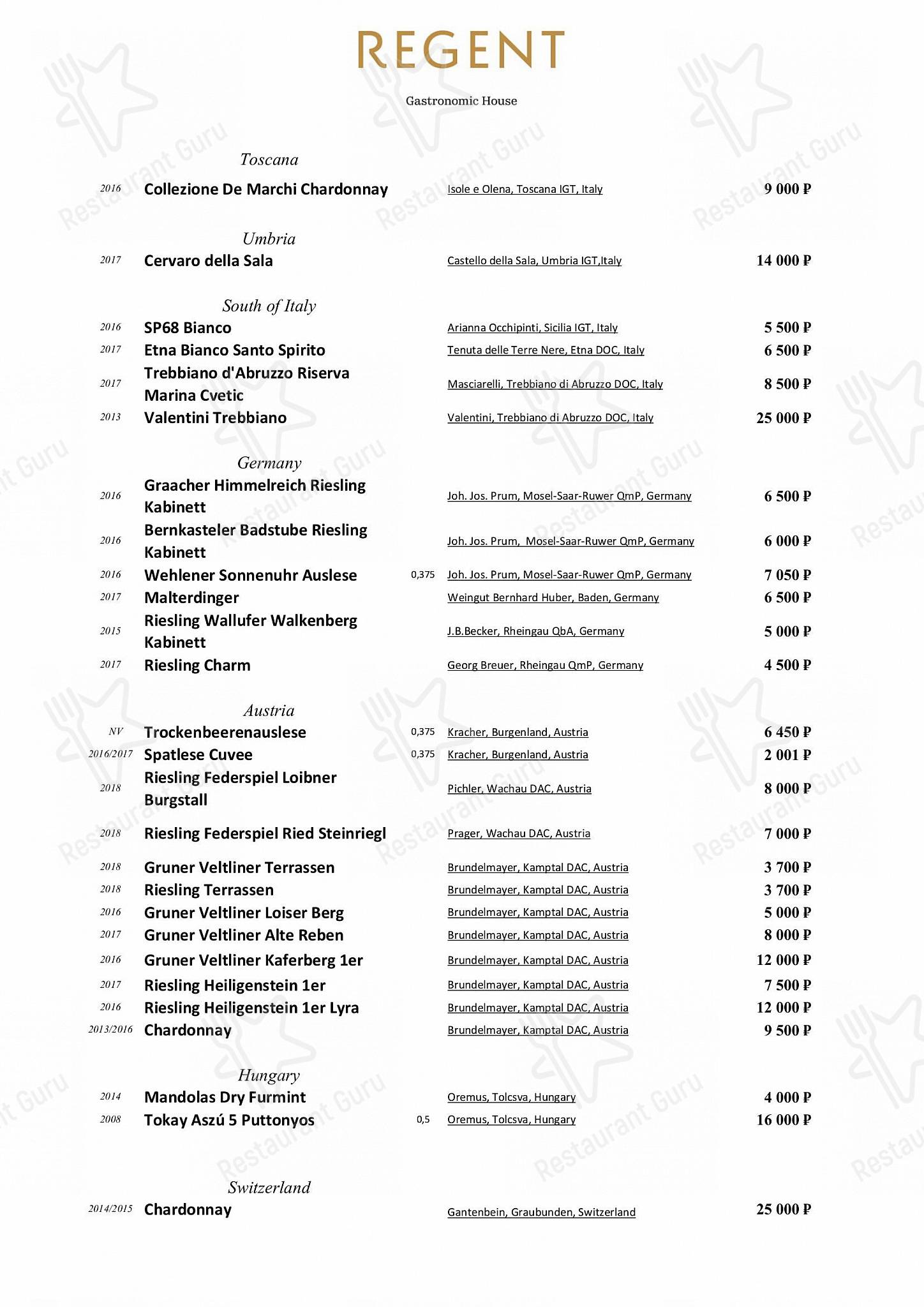 Меню напитков ресторана Regent в Москве