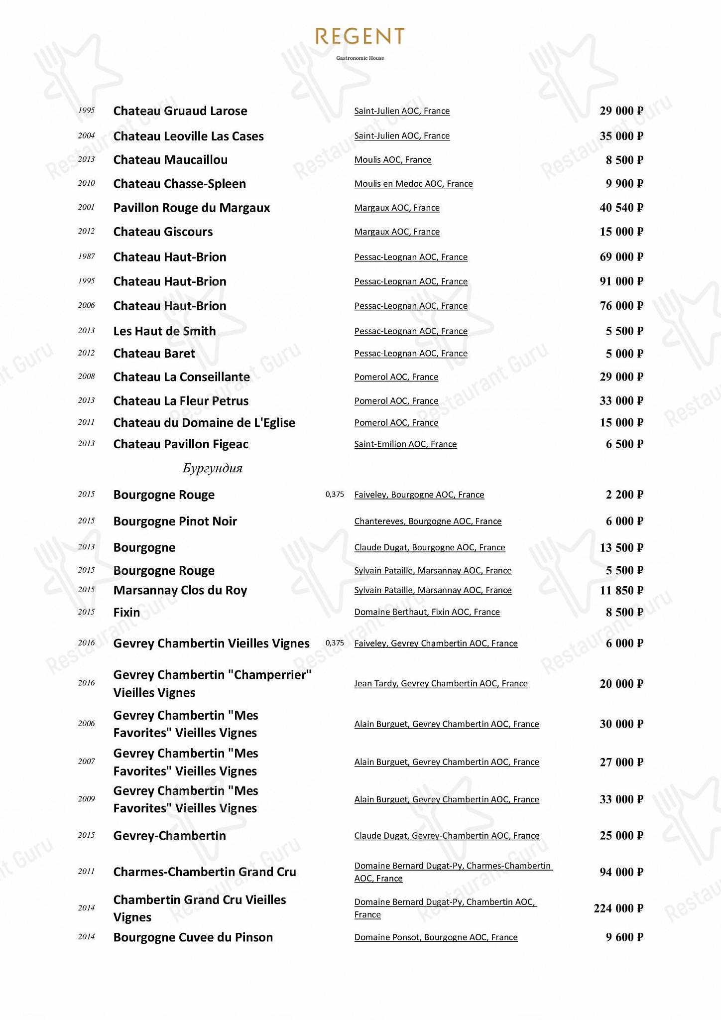 Regent в Москве - Меню напитков