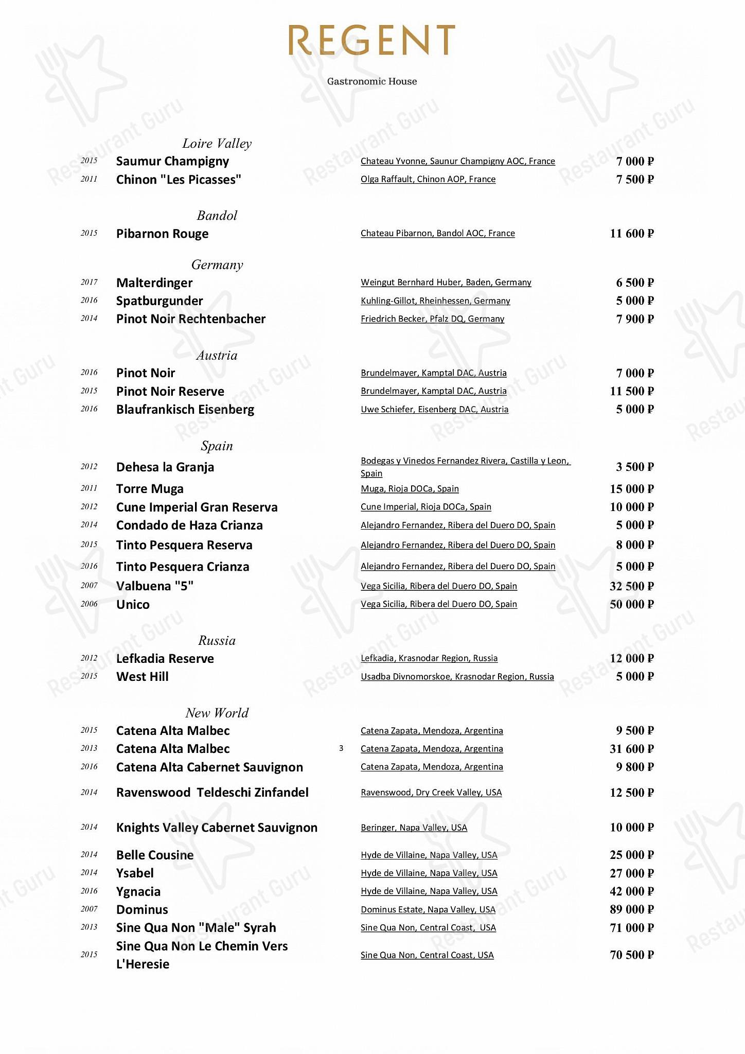 Меню напитков ресторана Regent