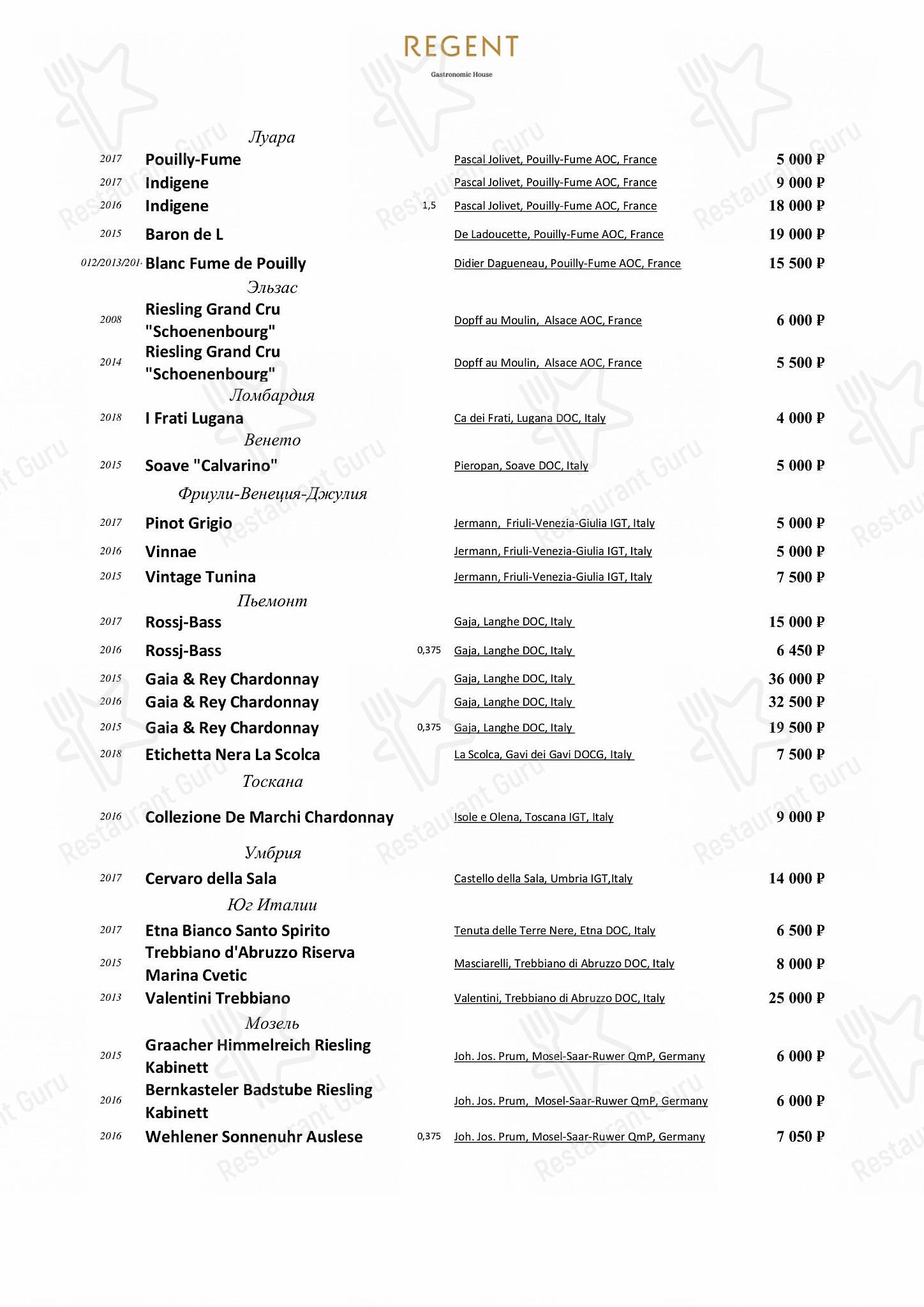 Меню напитков ресторана Regent