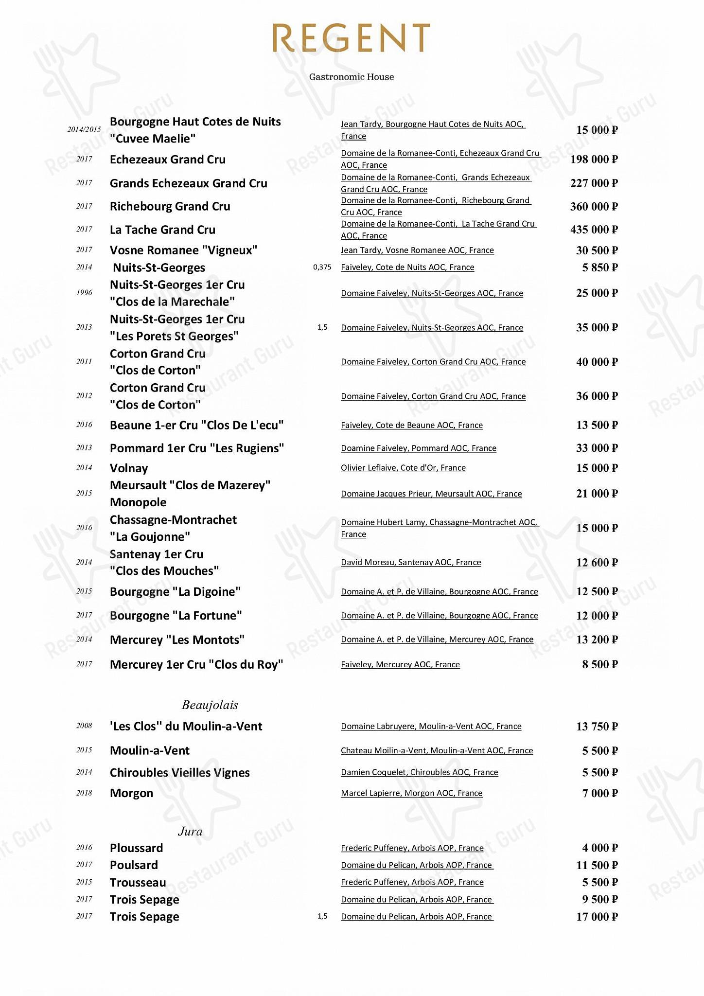 Меню ресторана Regent - Меню напитков