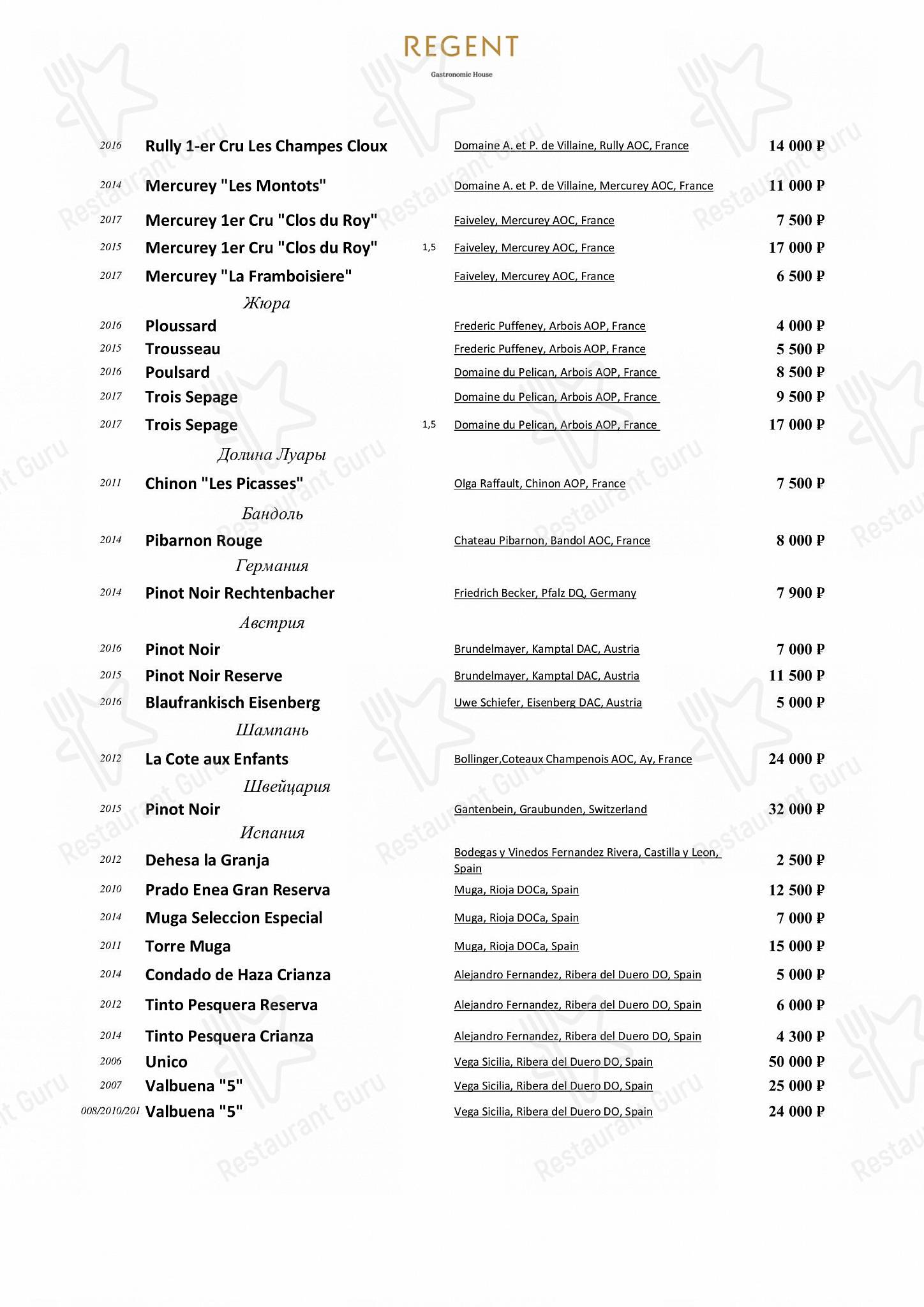 Меню напитков ресторана Regent в Москве