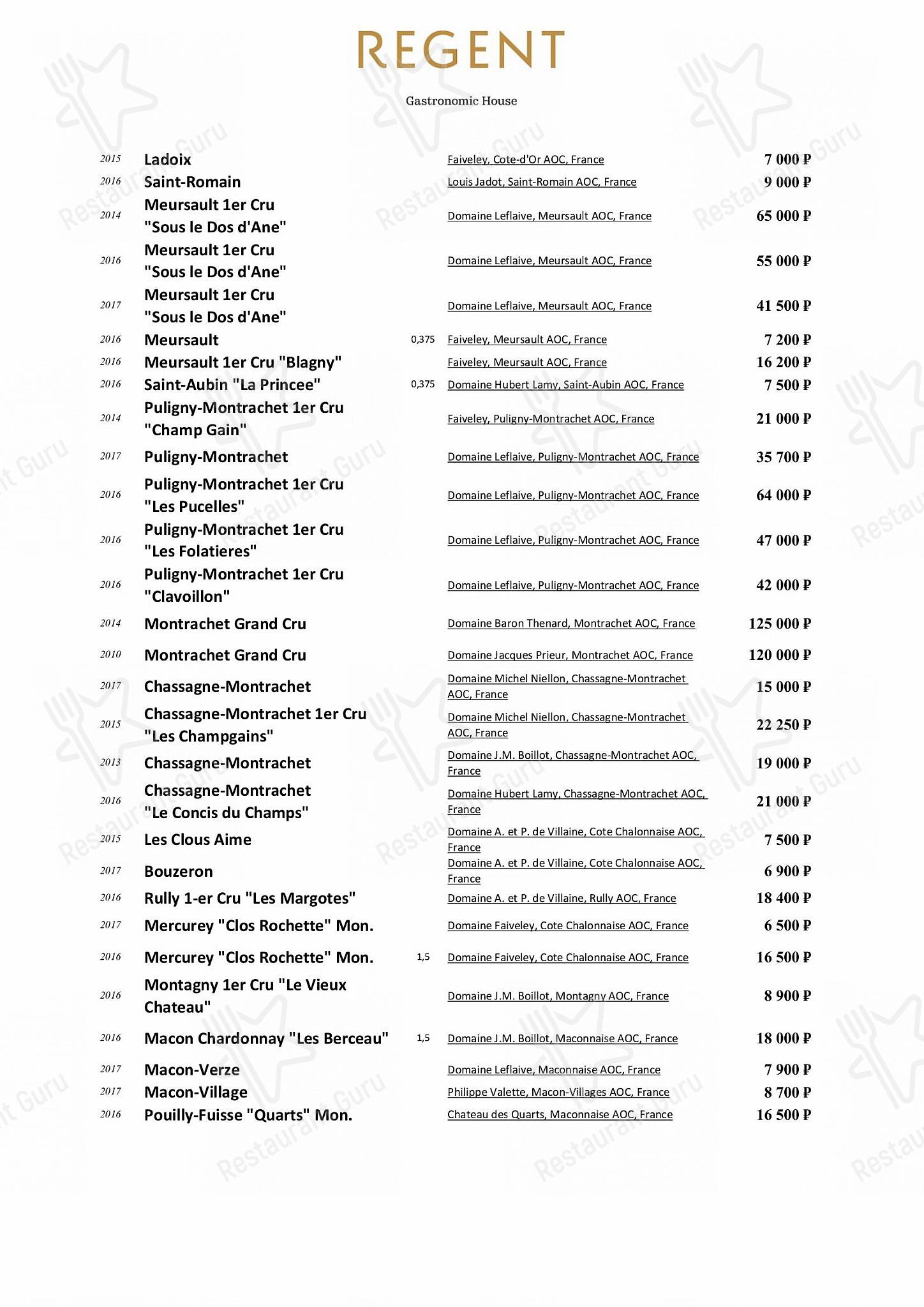 Regent в Москве - Меню напитков