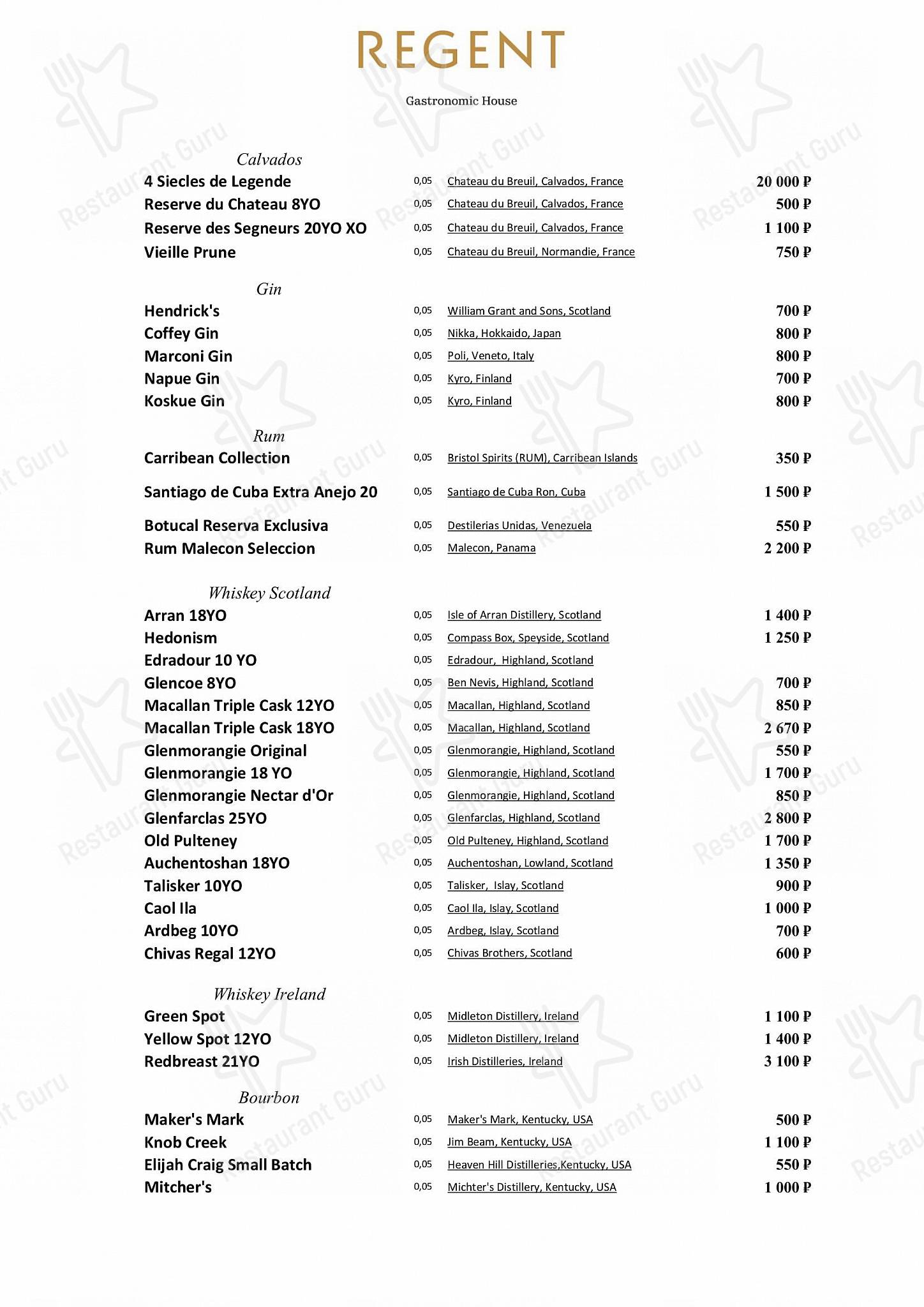 Меню напитков ресторана Regent в Москве