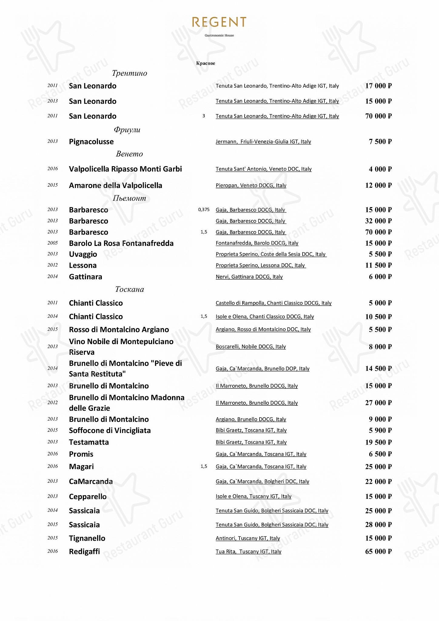 Меню ресторана Regent - Меню напитков