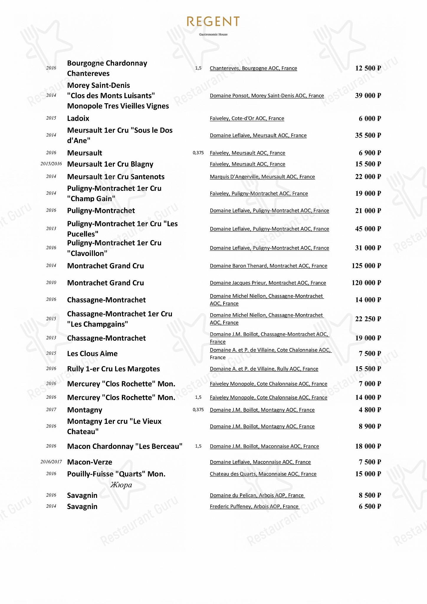 Меню ресторана Regent - Меню напитков