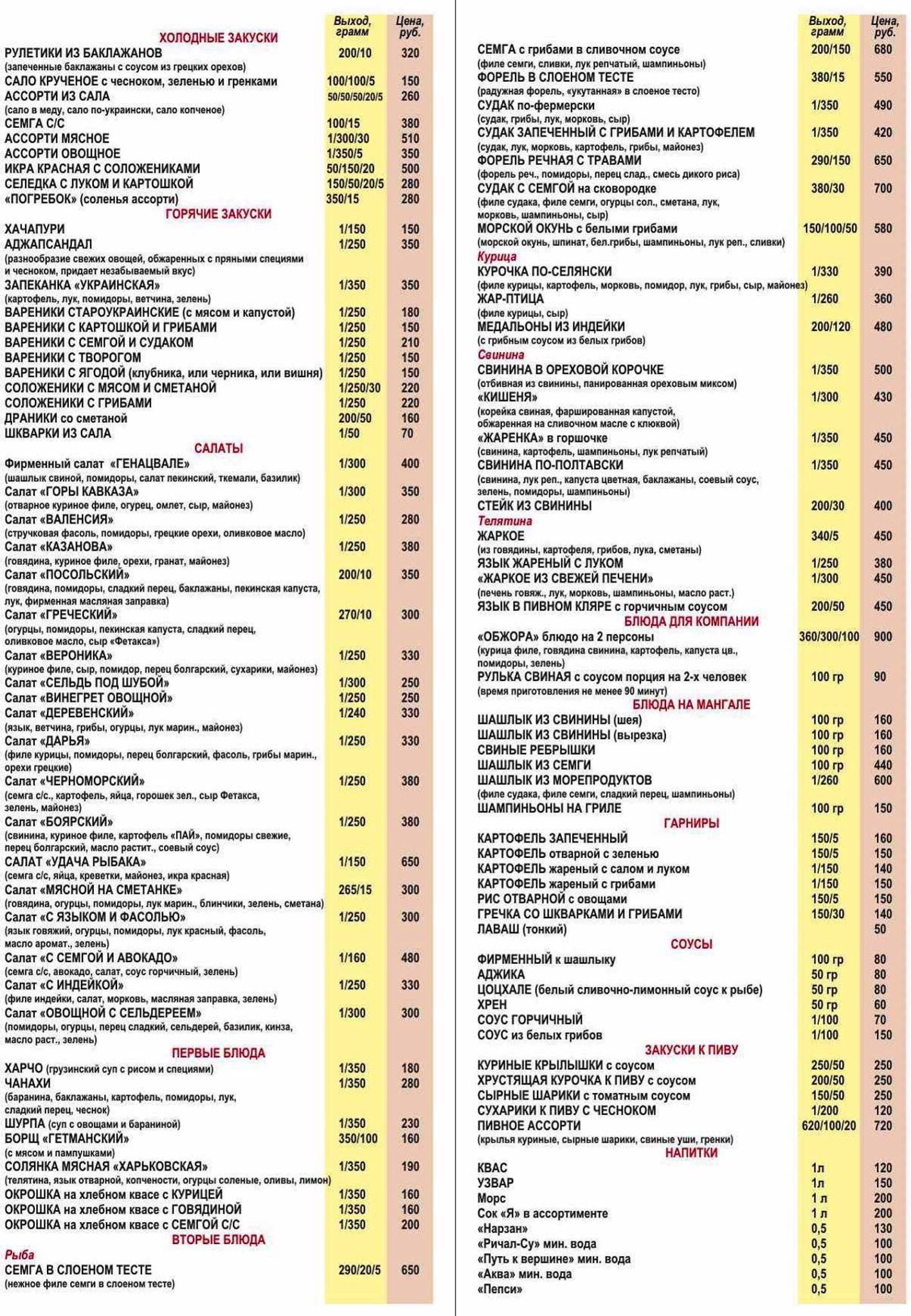 Корчма меню