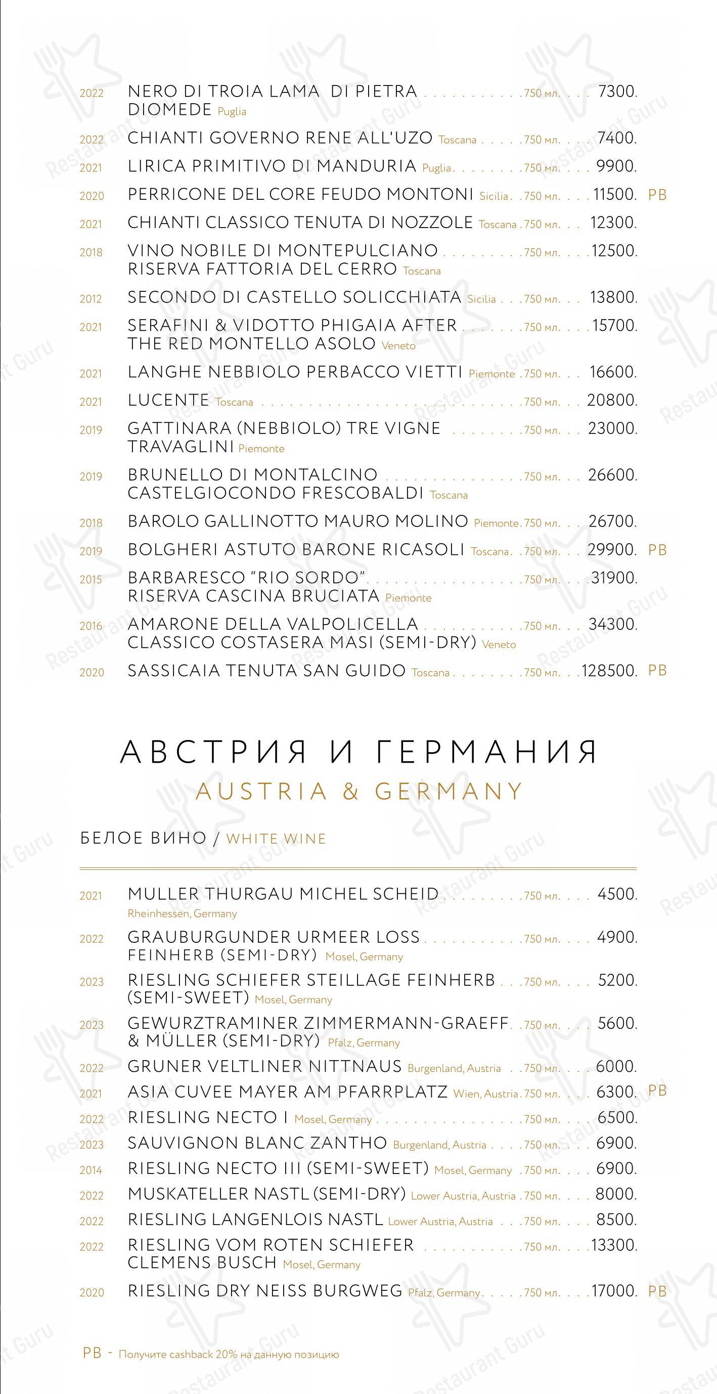 Меню напитков ресторана Этаж 41