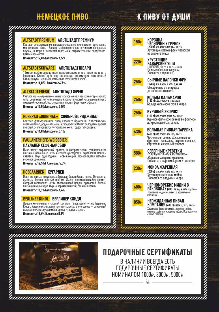 Альтштадт меню