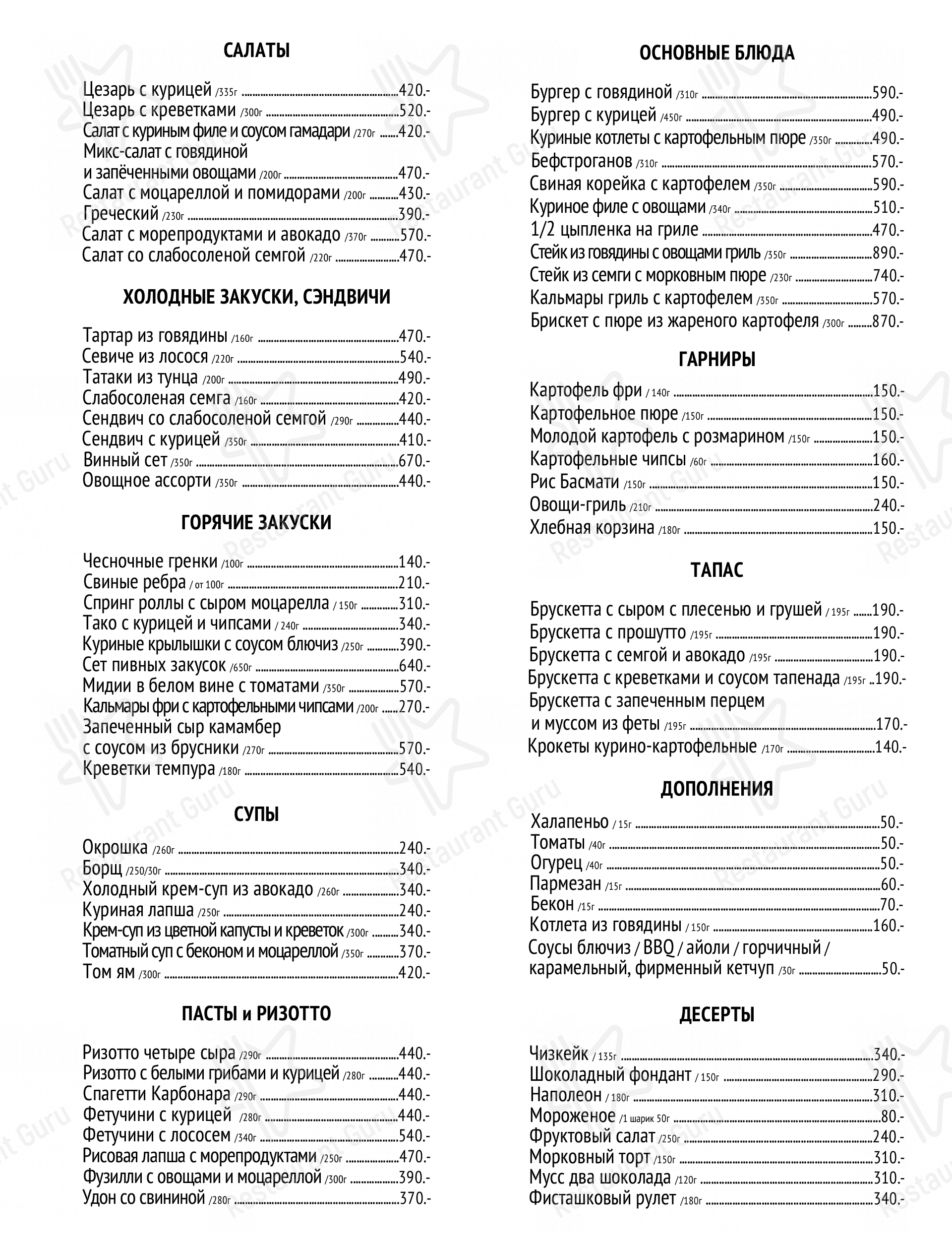 Меню Unlock - блюда и напитки