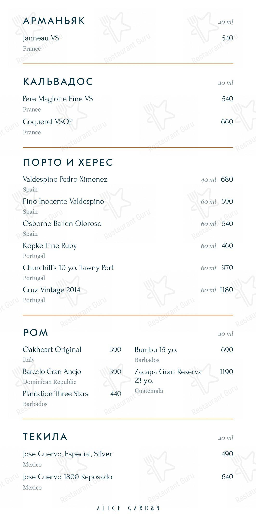 Table Menu ресторана Alice Garden