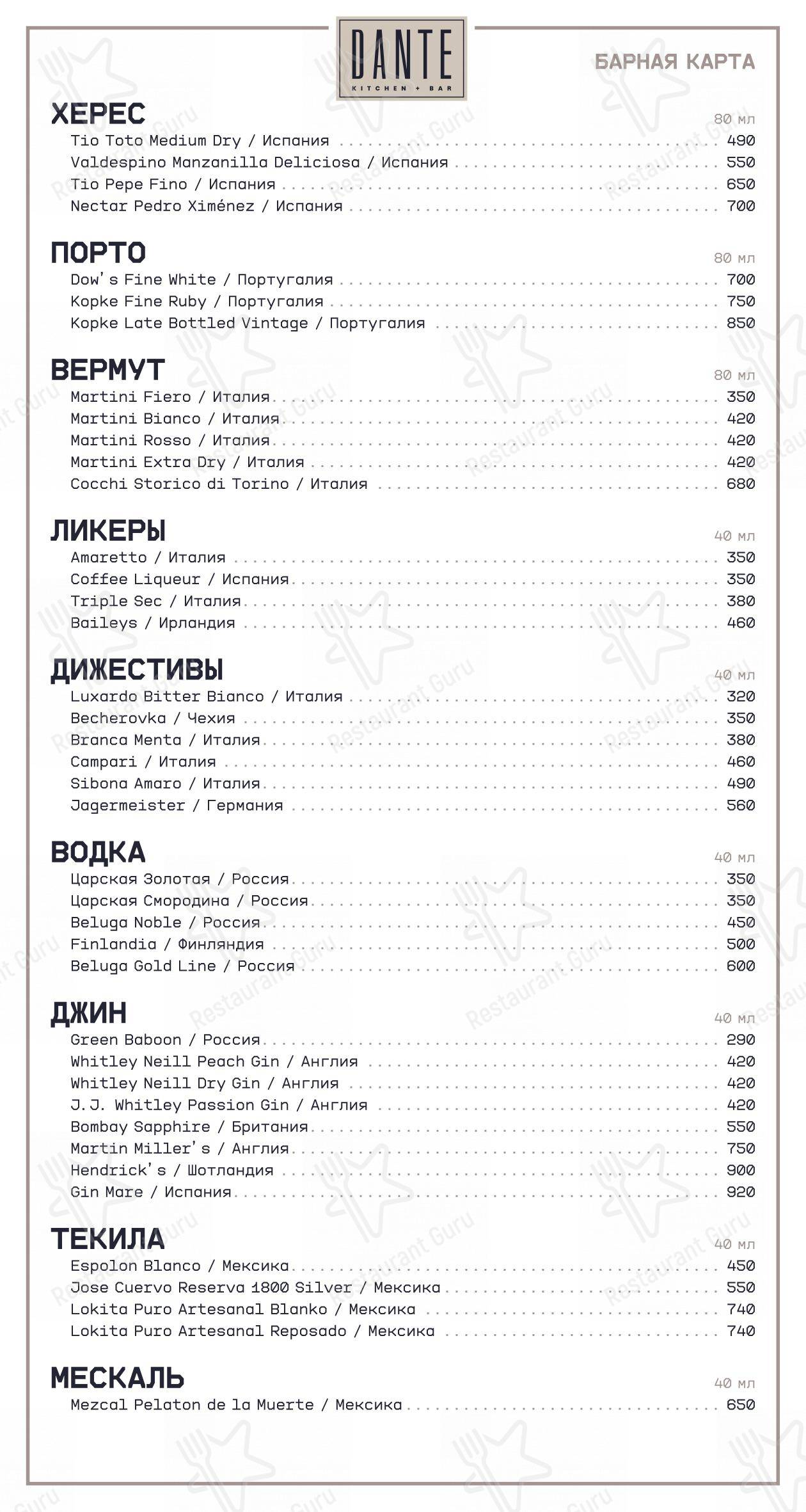Меню напитков ресторана Dante
