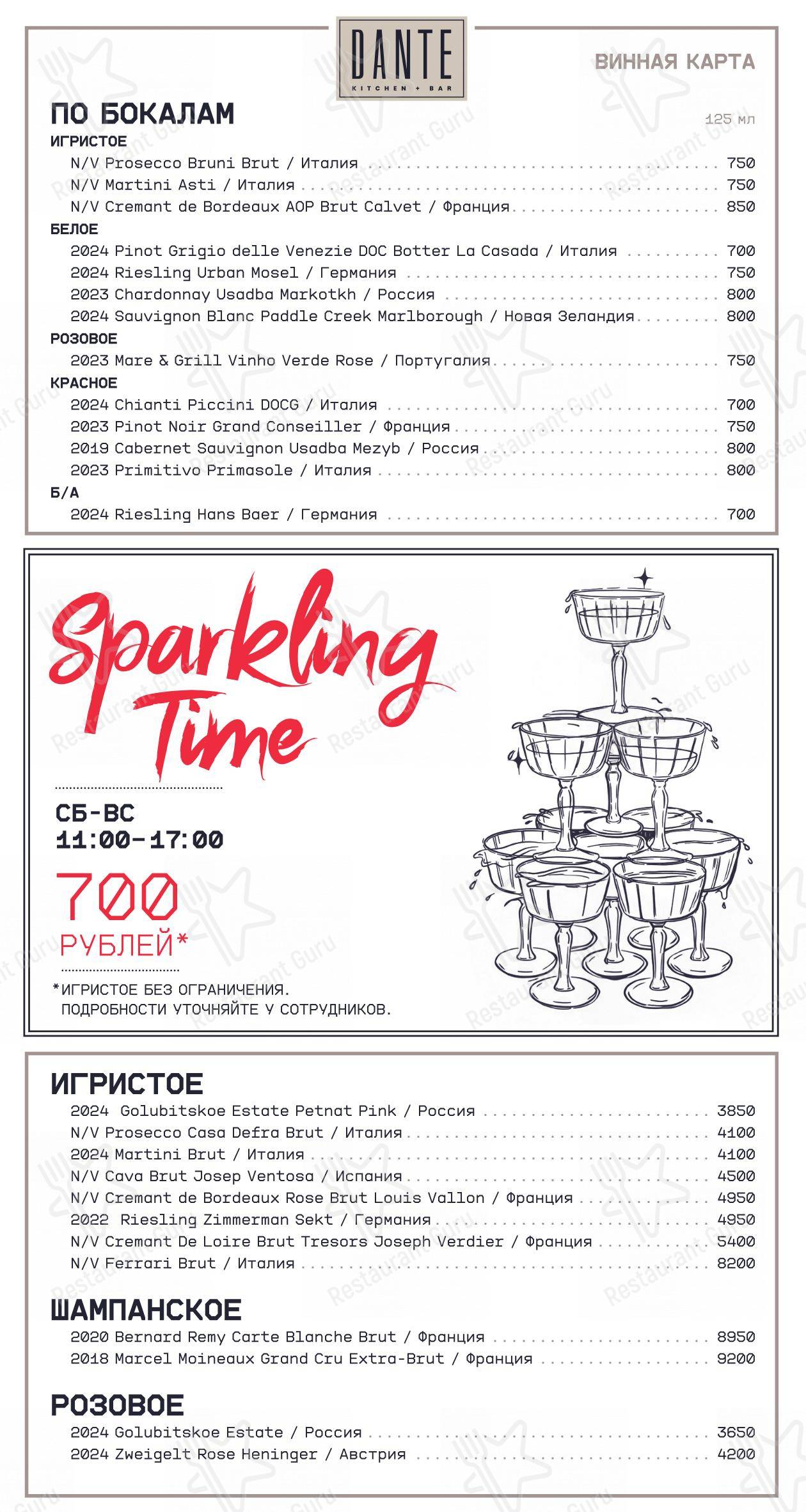 Меню напитков ресторана Dante в Москве