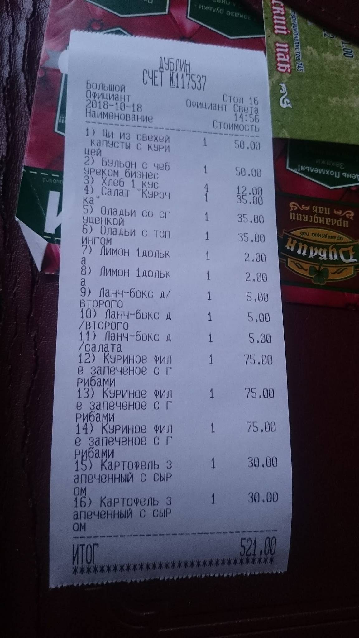 Дублин меню