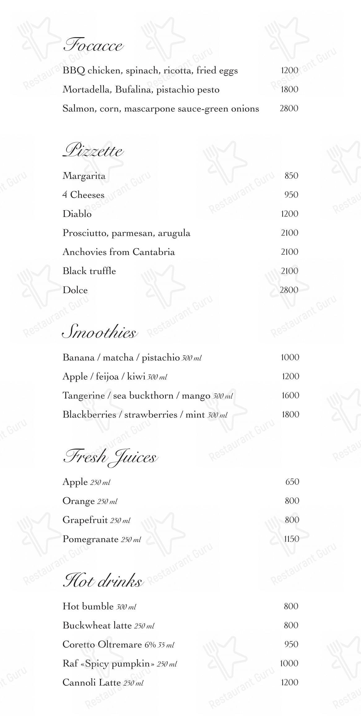 Меню ресторана Oltremare