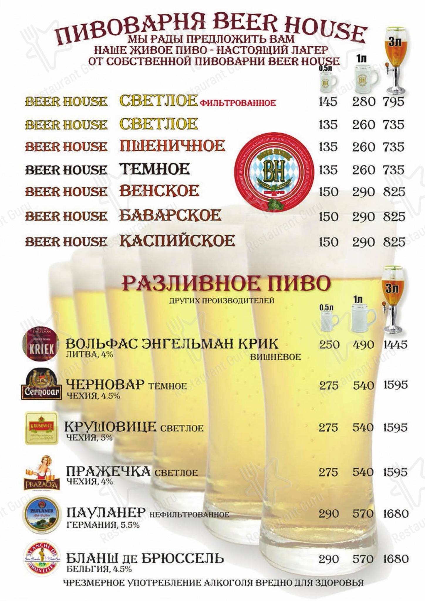 Бир Хаус в Астрахани - Основное меню