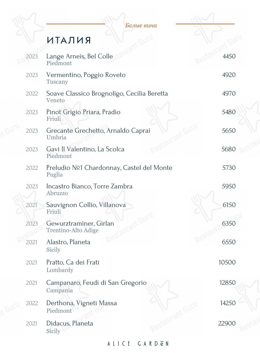 Lunch Menu ресторана Alice Garden в Санкт-Петербурге