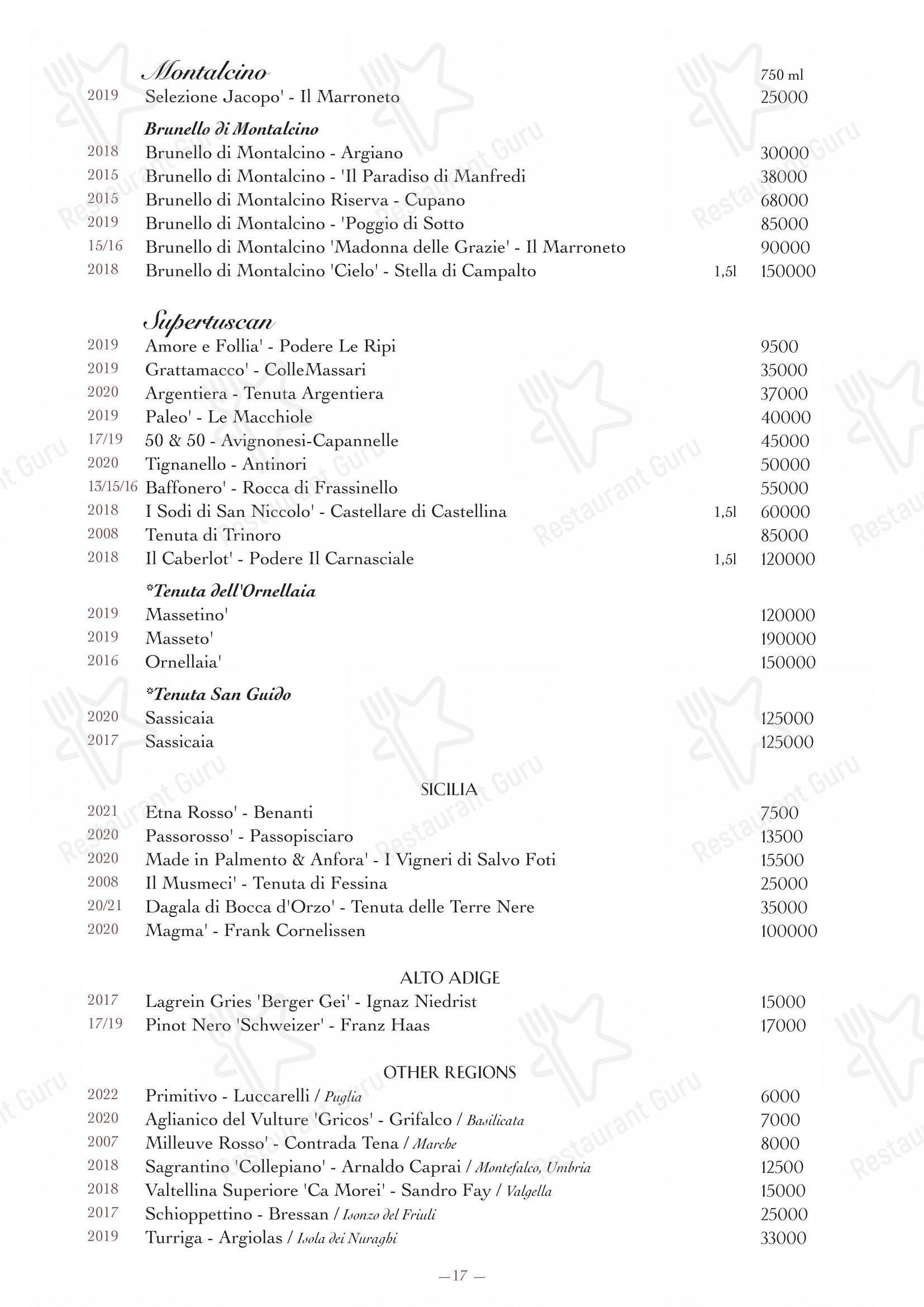 Ночное меню ресторана Oltremare в Москве