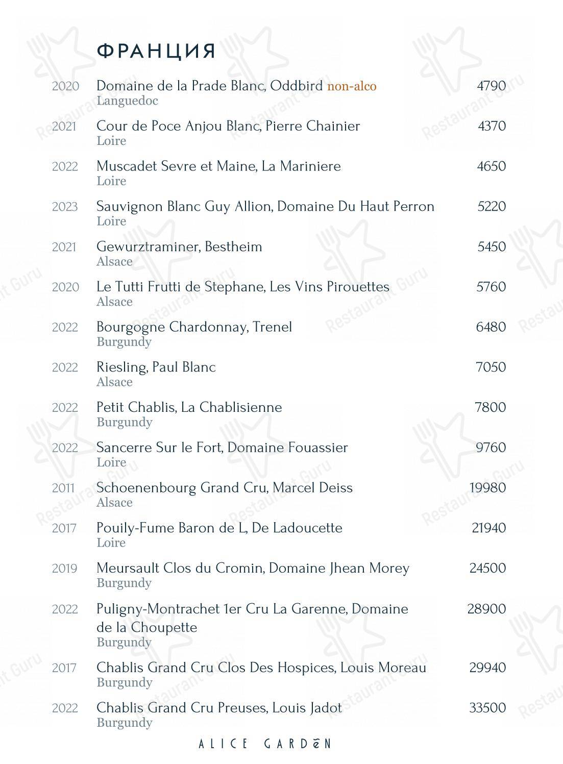 Lunch Menu ресторана Alice Garden