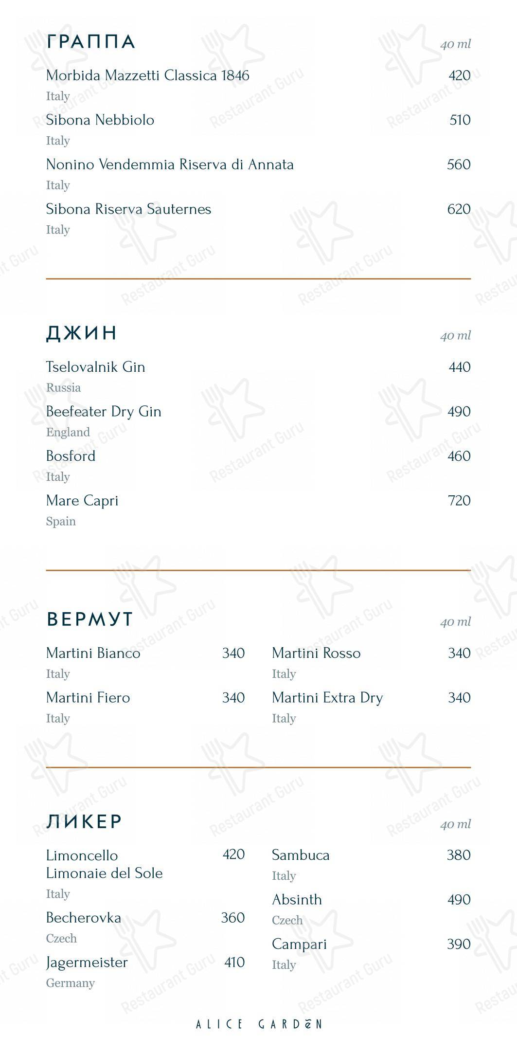 Меню ресторана Alice Garden - Table Menu
