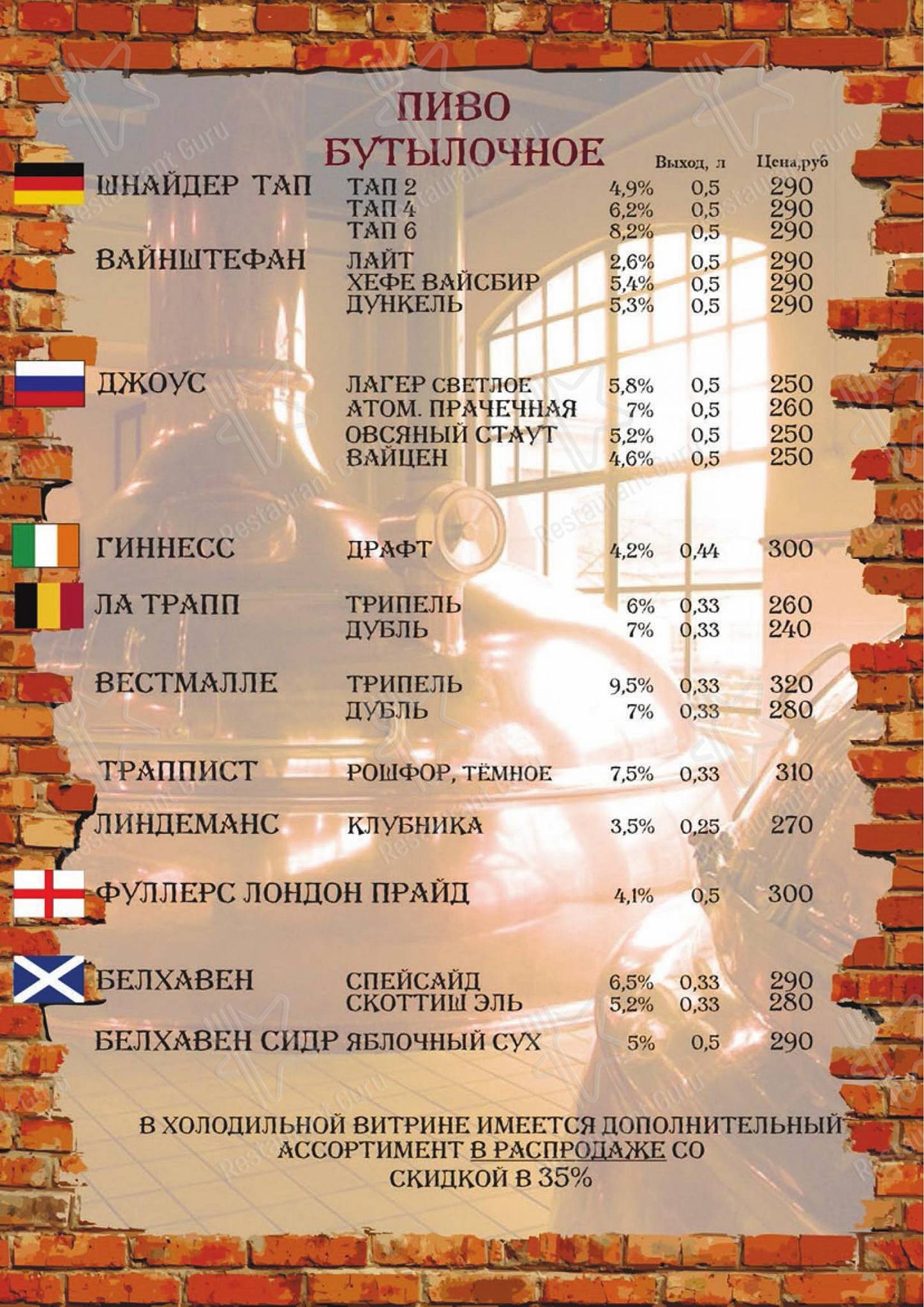 Основное меню паба и бара Бир Хаус в Астрахани