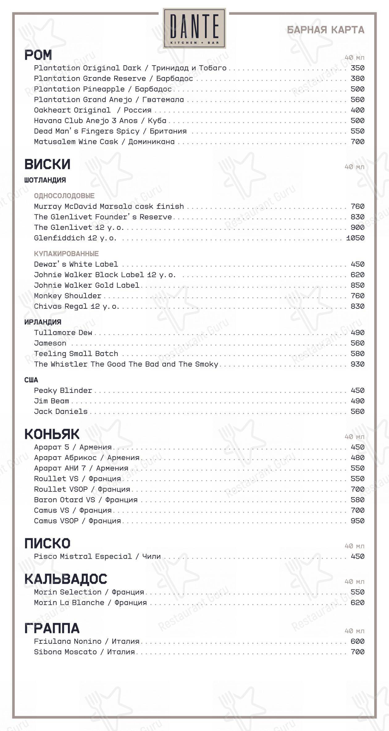 Меню напитков ресторана Dante