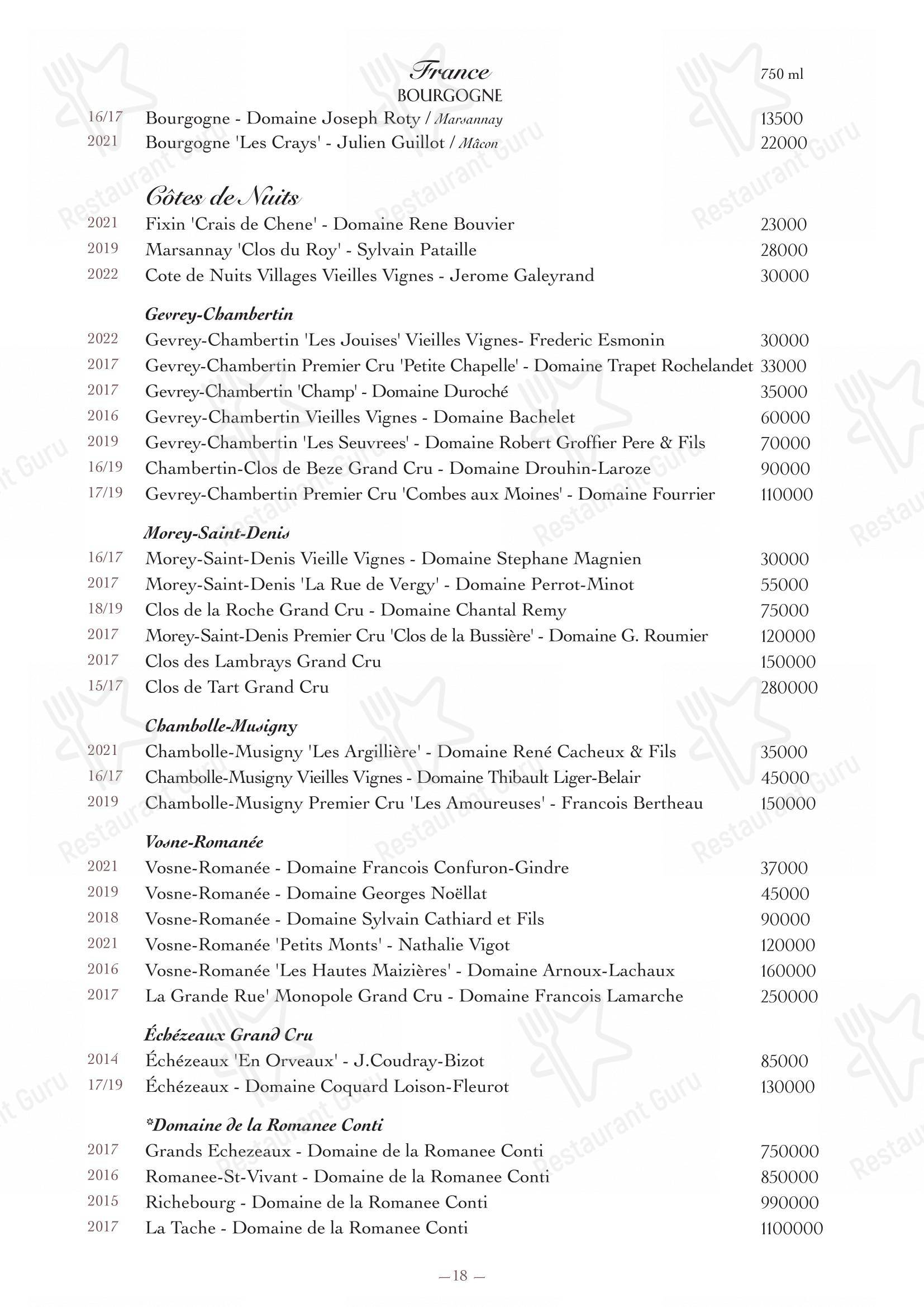 Ночное меню ресторана Oltremare