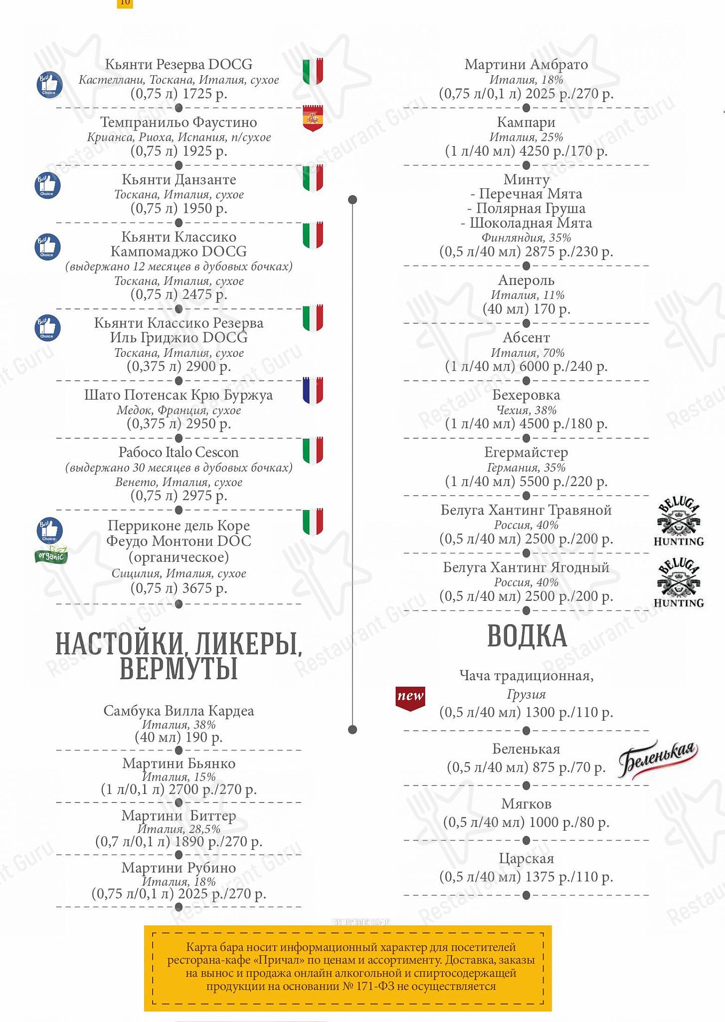 Wine Menu ресторана Причал