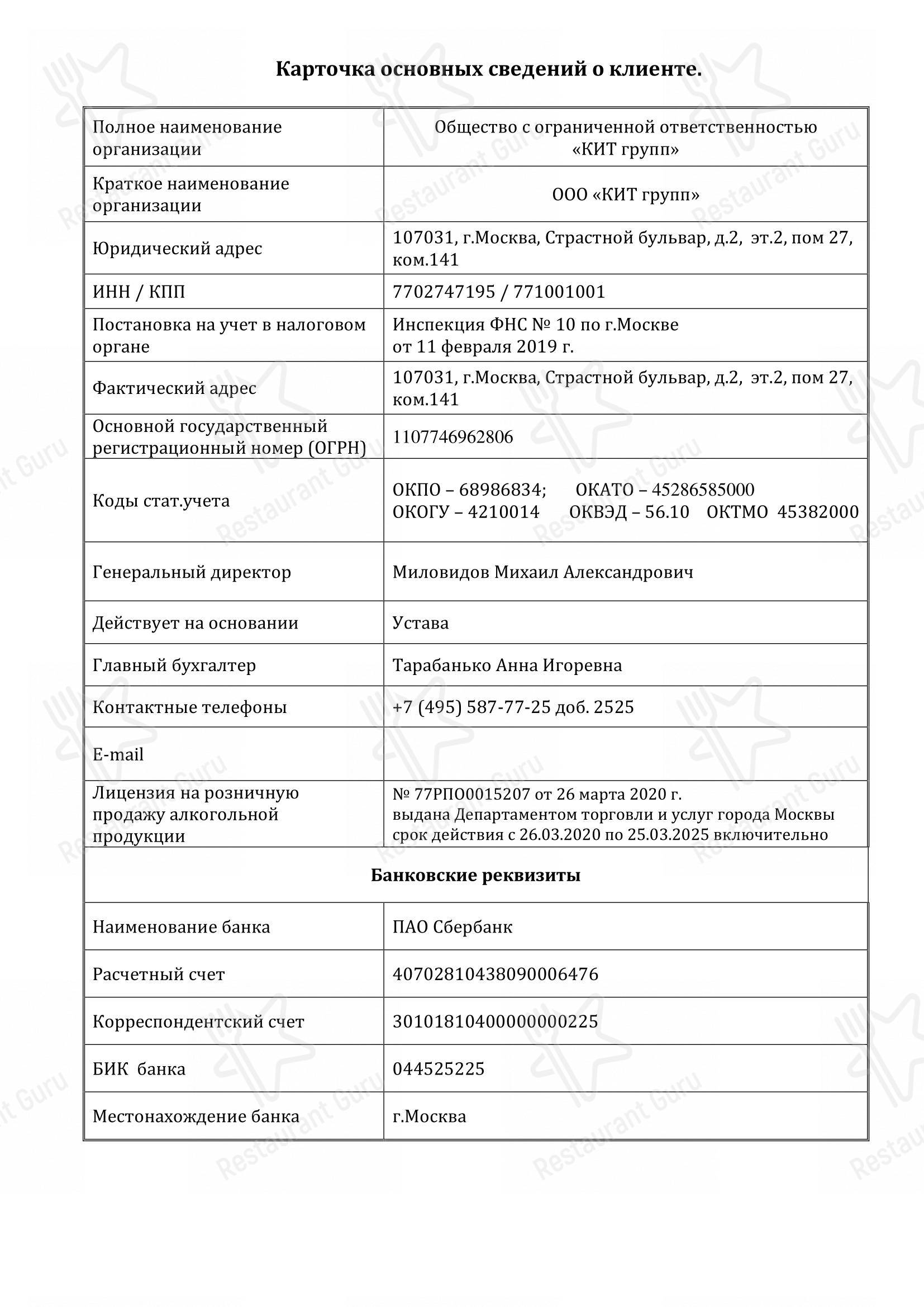 Коктейльная карта ресторана Yura в Москве