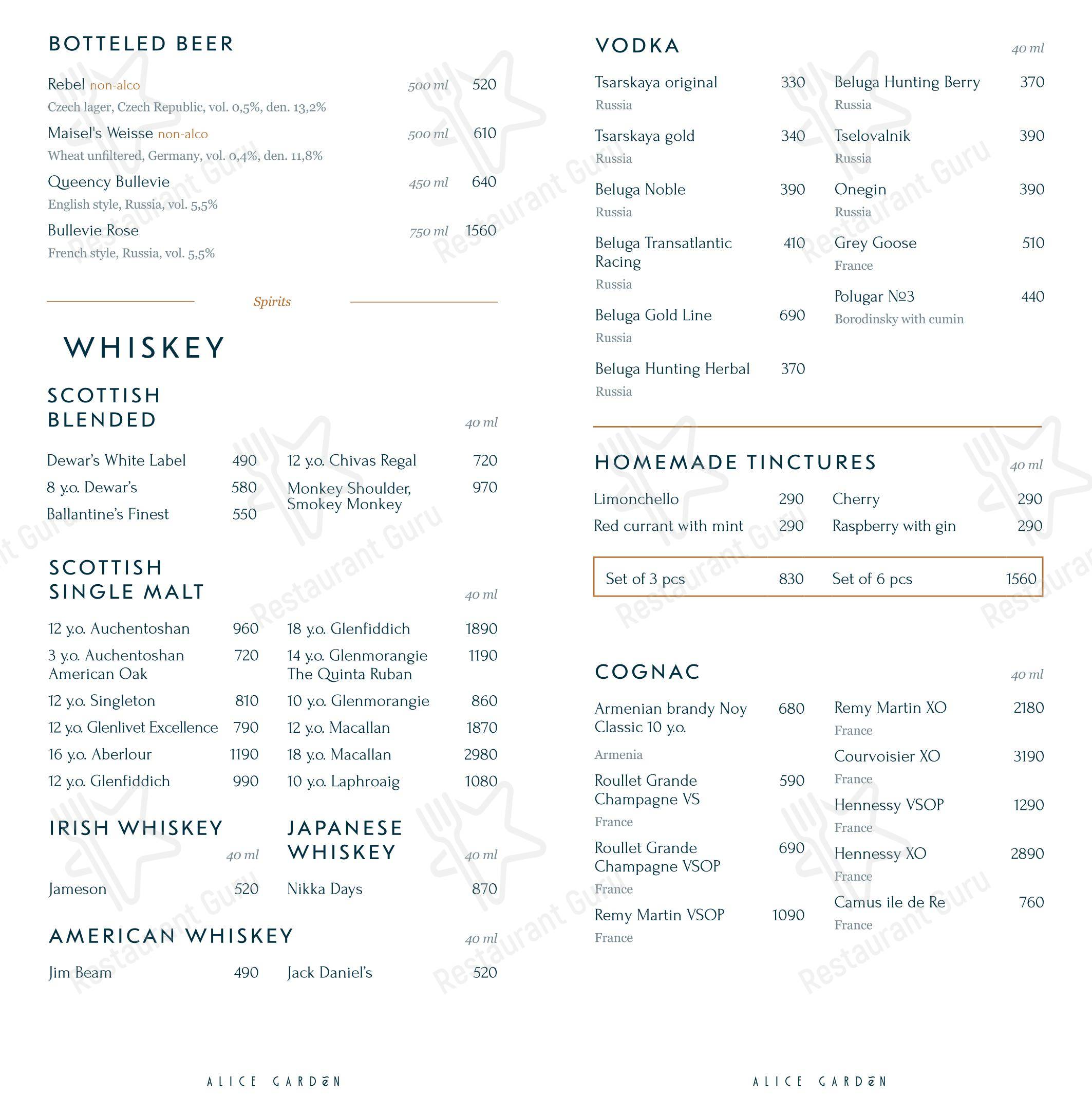 Wine Menu ресторана Alice Garden в Санкт-Петербурге