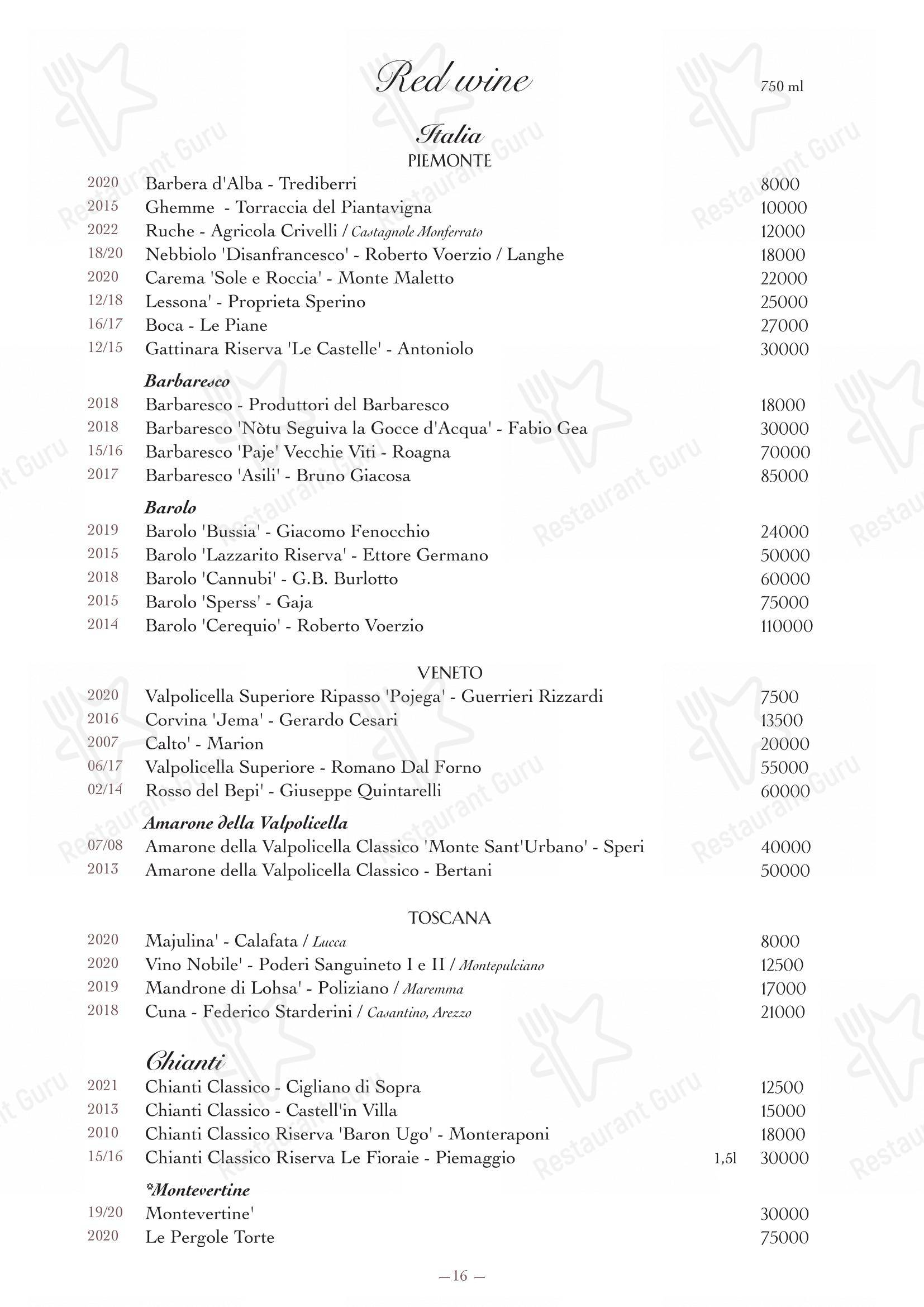 Ночное меню ресторана Oltremare в Москве