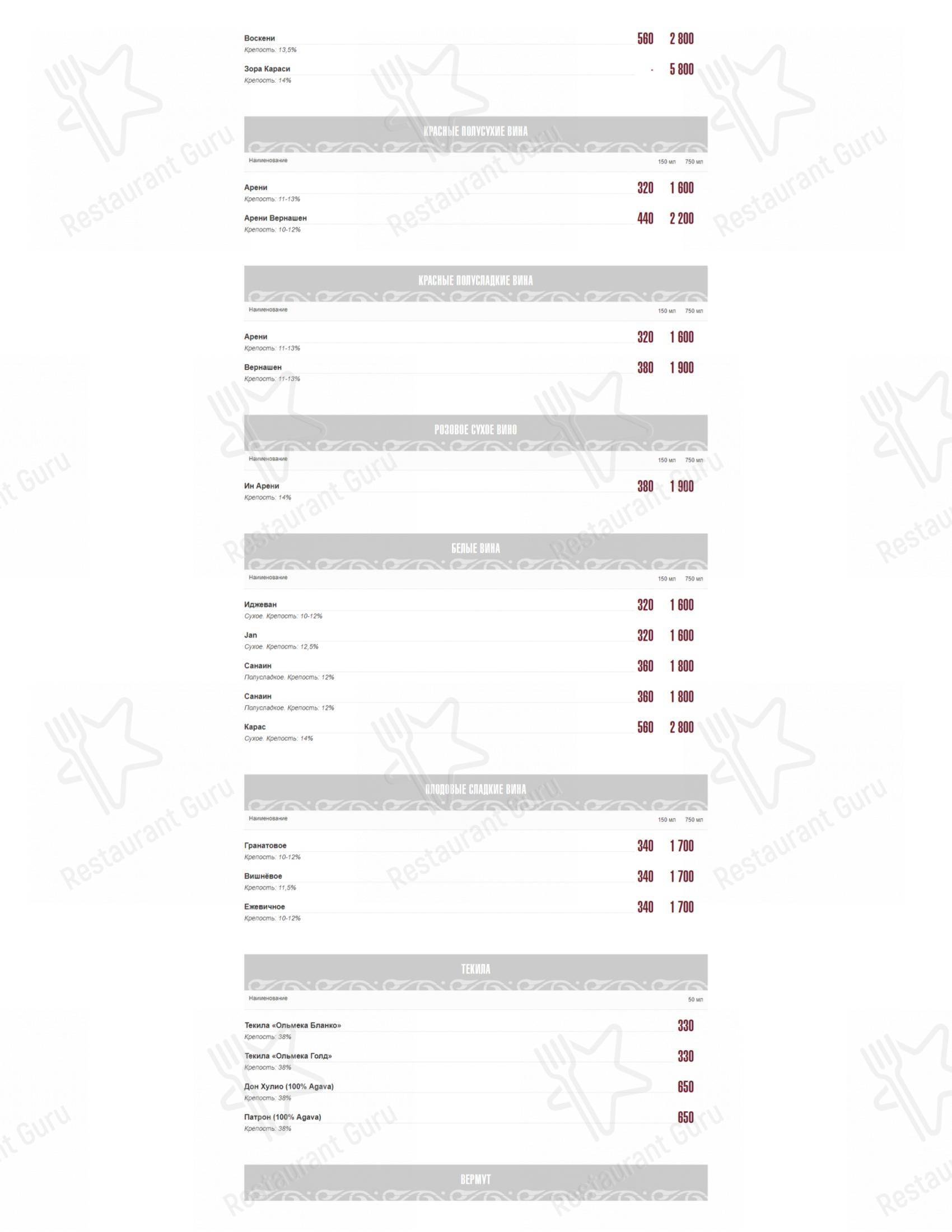 Меню Арарат - еда и напитки