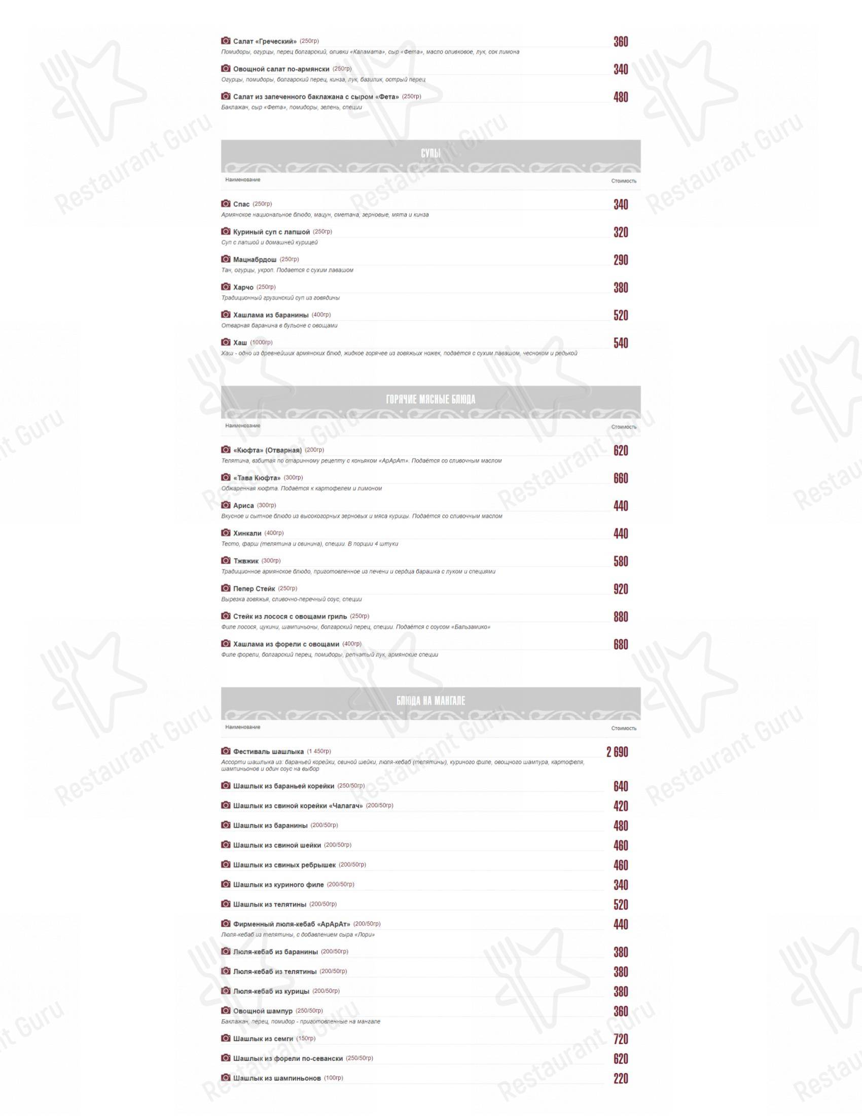 Меню Арарат - еда и напитки