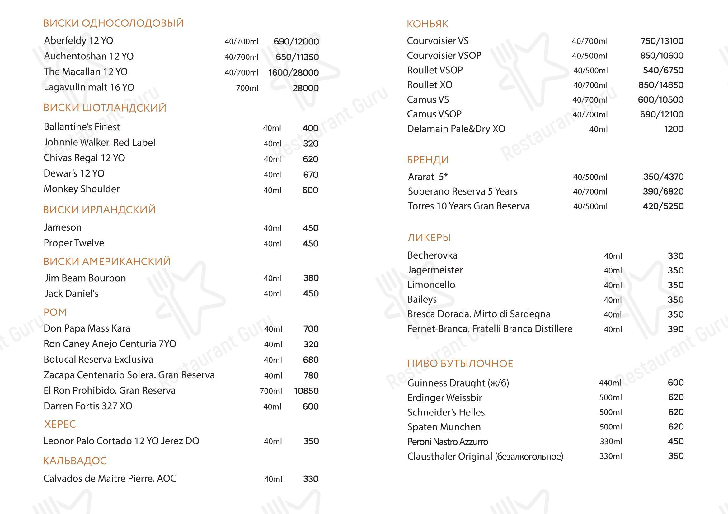 Меню напитков ресторана Ривьера