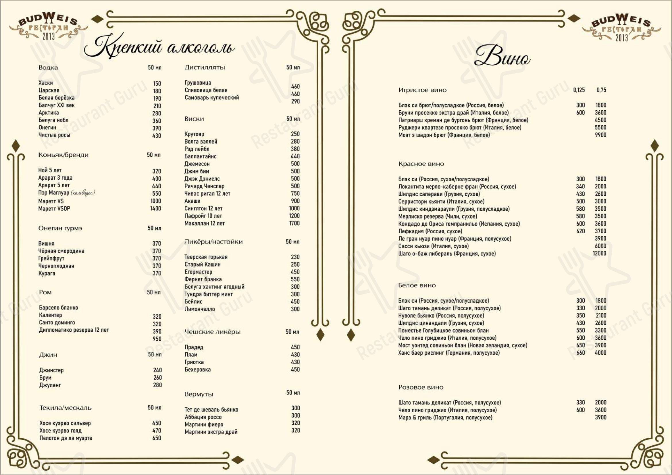Меню напитков паба и бара Будвайз в Твери