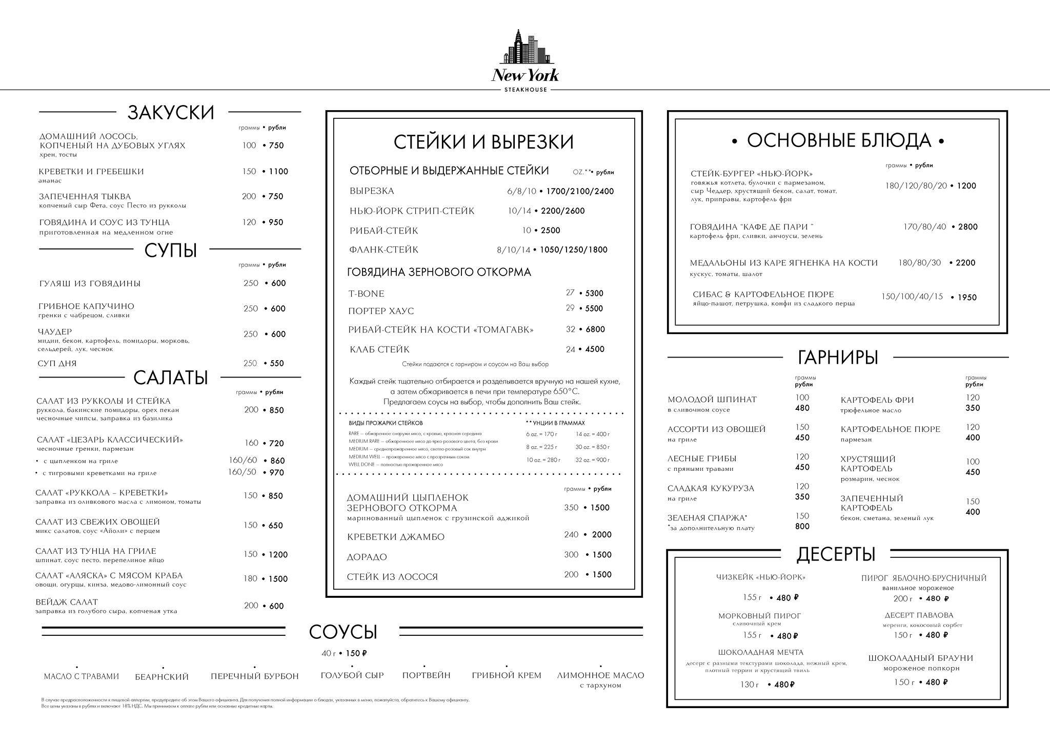 New York Steakhouse меню