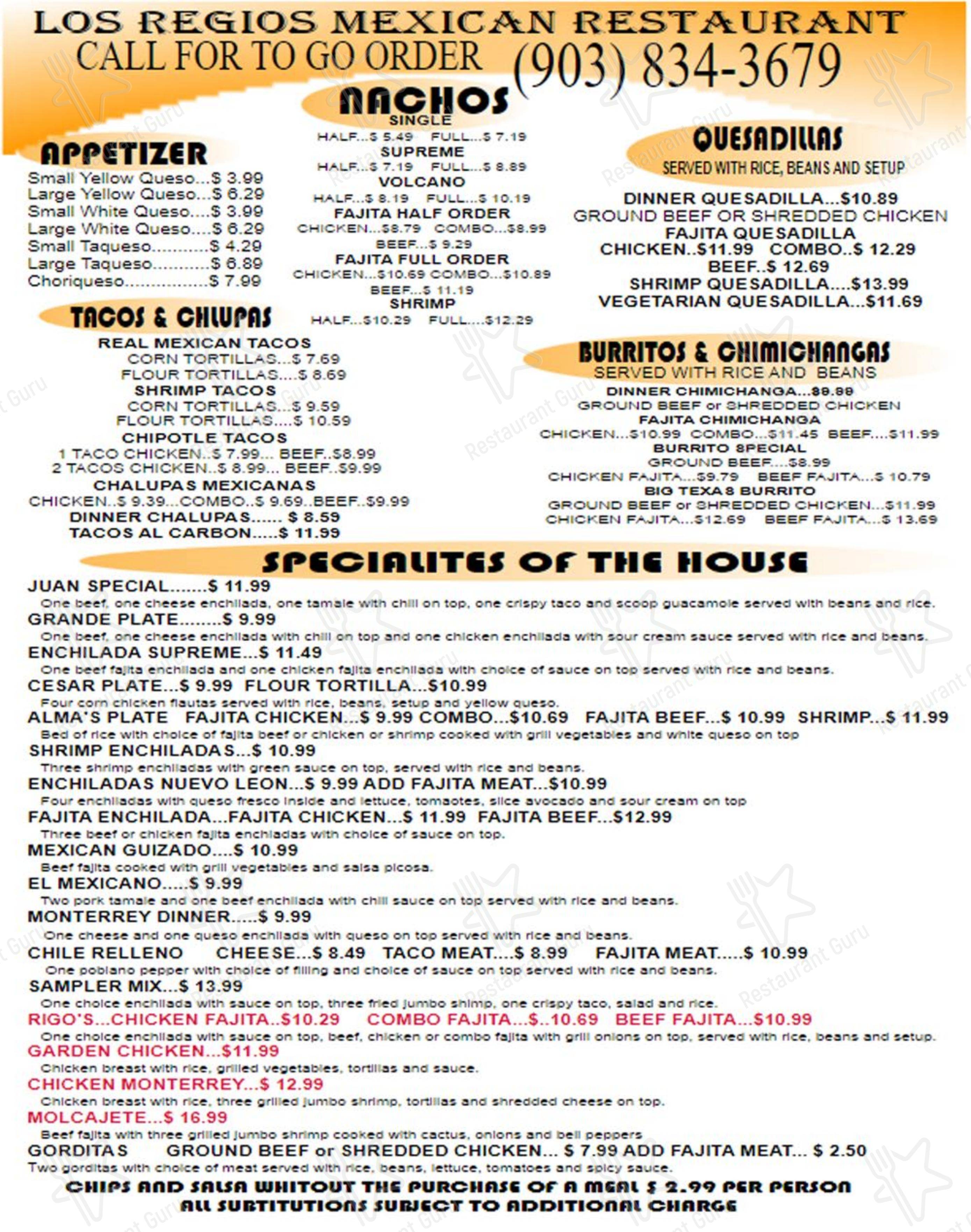 Jr Regios Menu Меню Los Regios Mexican Restaurant, Овертон