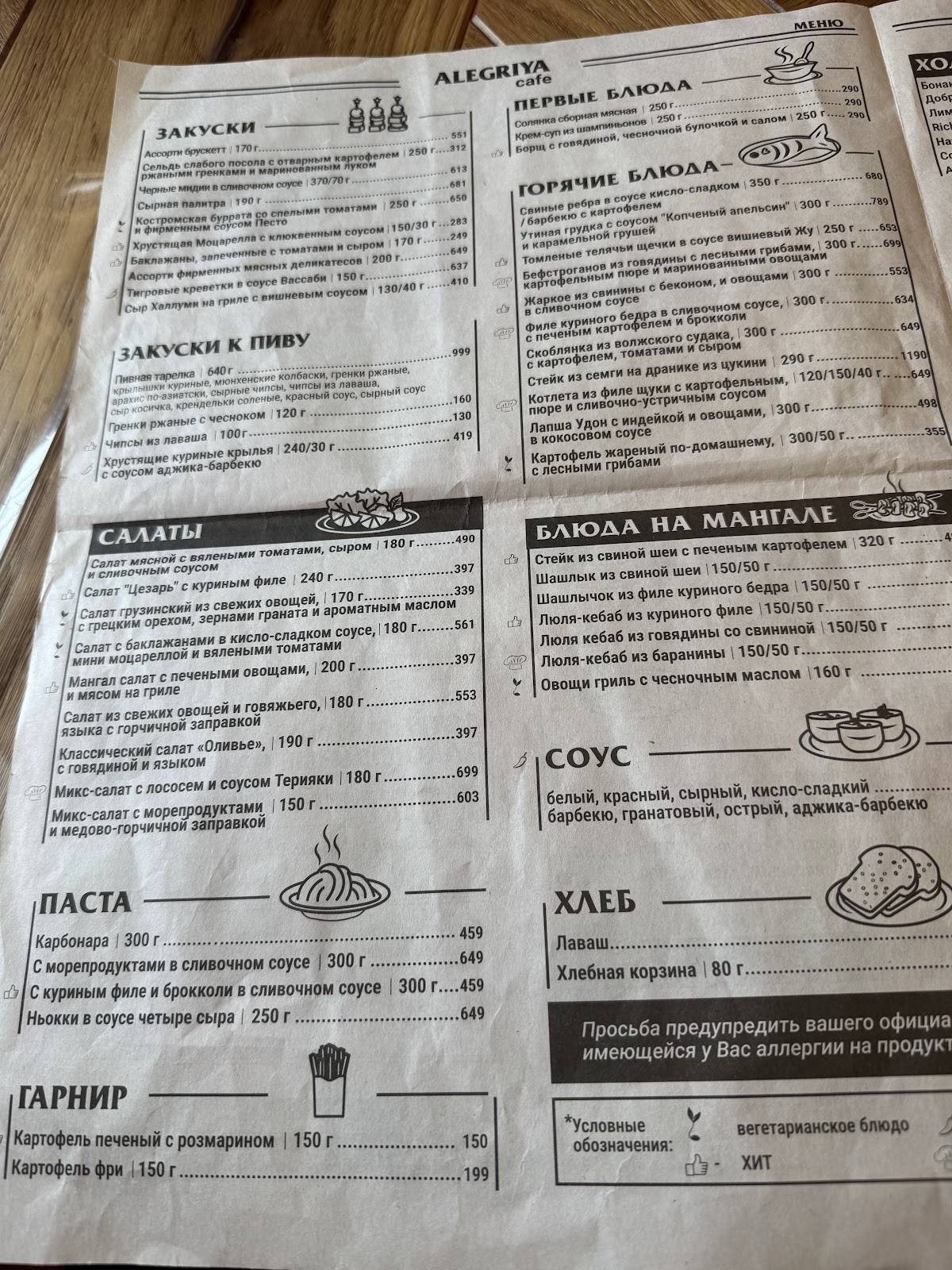 Алегрия меню