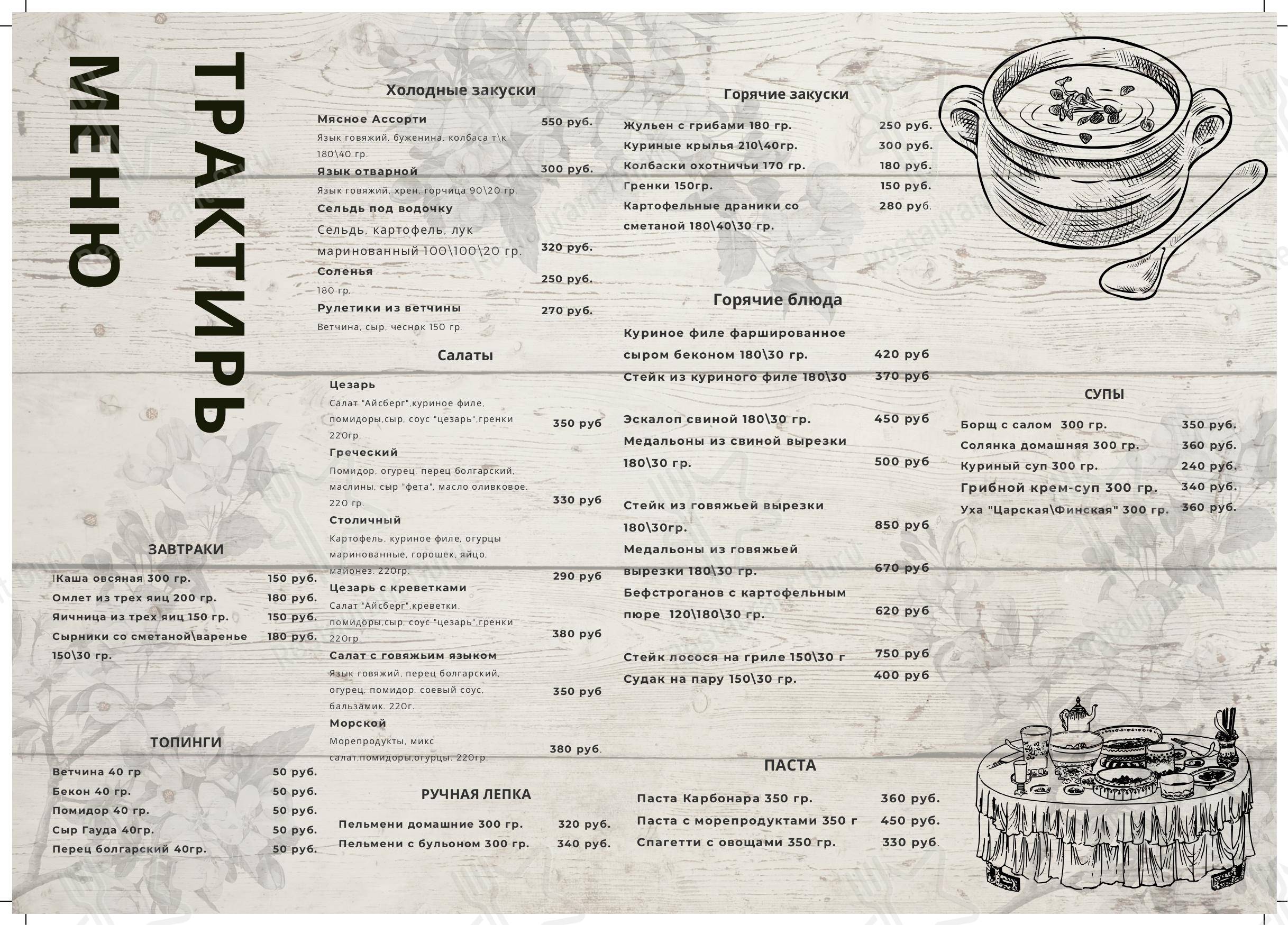 Меню для посетителей кафе ТрактирЪ